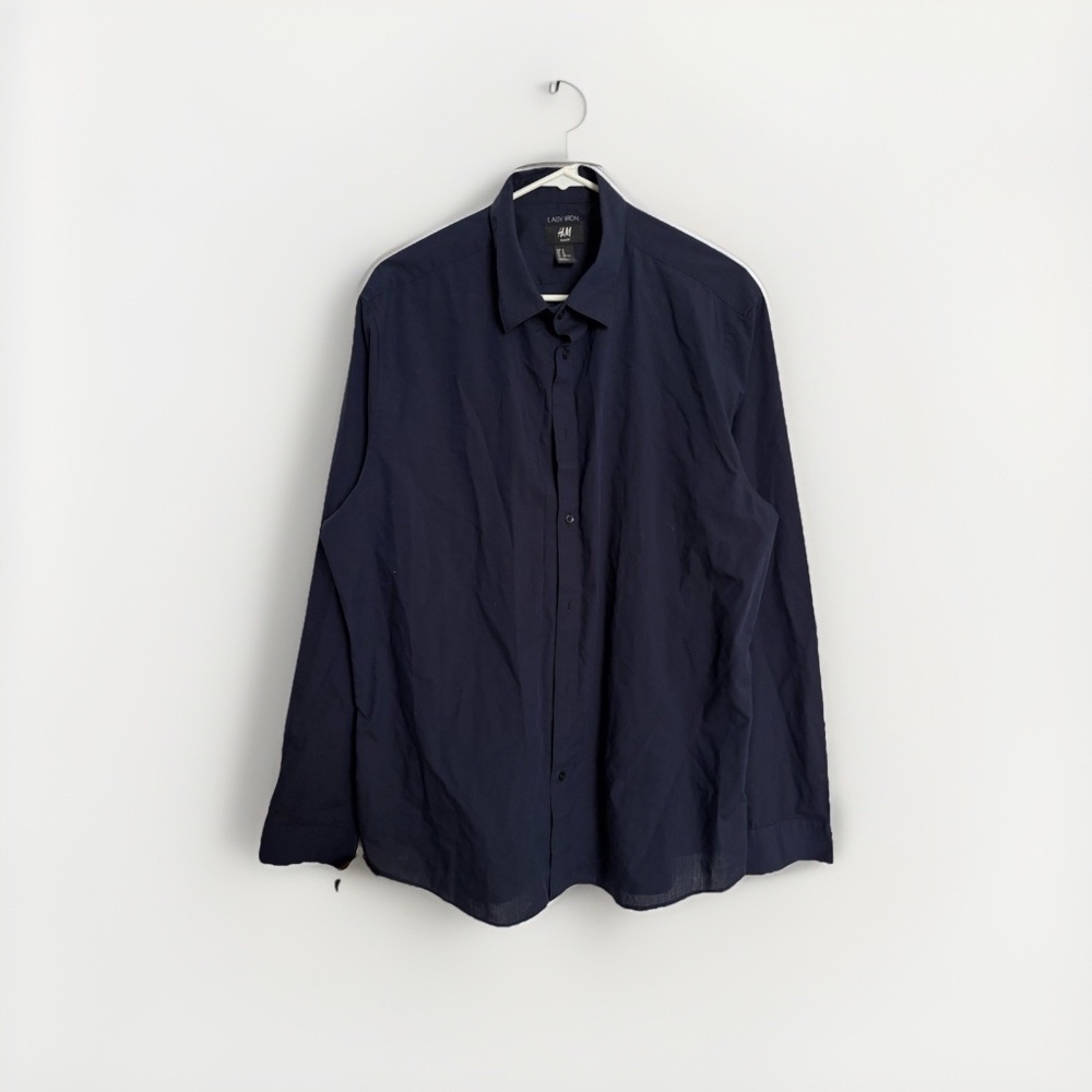 H&M Slim Fit Button Up Shirt Top Mens NAVY BLUE XL‎ Easy Iron Formal Shirt